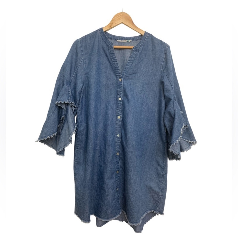 Given Kale Ruffled Sleeve Distressed Edge Lightweight Chambray Denim Dress Sz Md